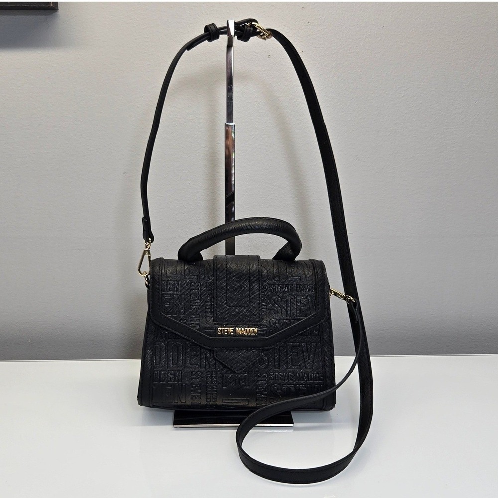 Steve Madden Baubrielle Satchel Crossbody Bag Black Logo Embossed Top Handel
